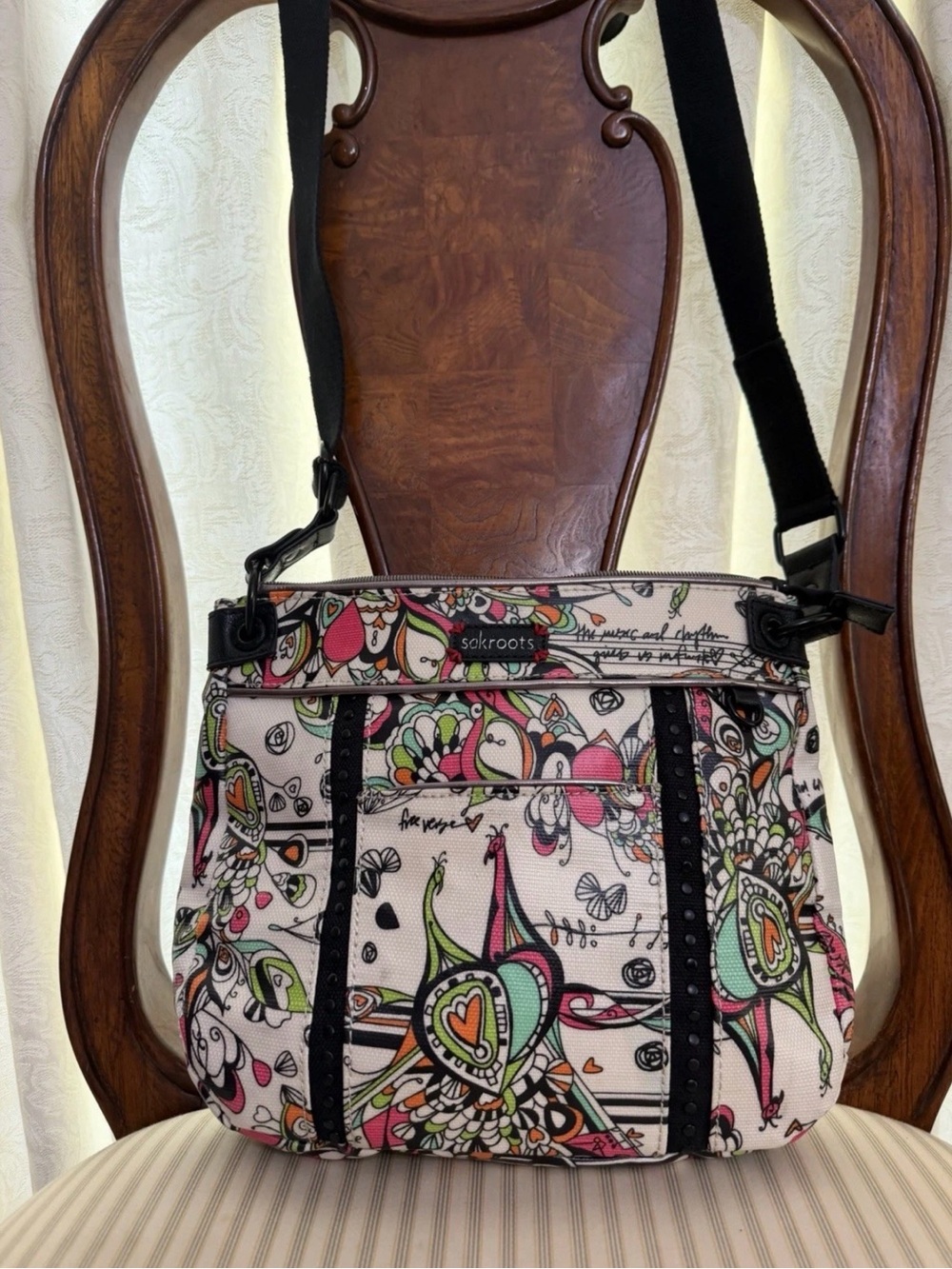 Sakroots Multicolor Floral Heart Crossbody with Black Strap